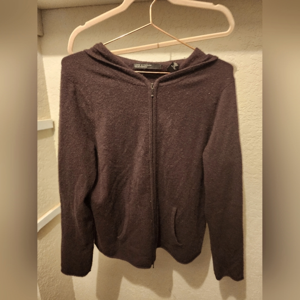 100% cashmere zip up hooded cardigan, cocoa brown